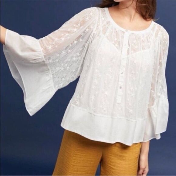 Anthropologie Tops - Anthropologie Akemi + Kin Star Embroidered Mesh Bell Sleeve Top Size Extra Small